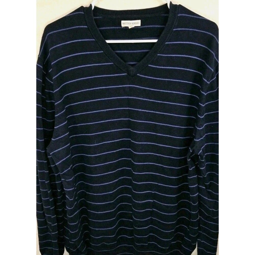 British Khaki - Striped V-Neck Sweater Mens Sz XL - Navy - 100% Cotton - Soft